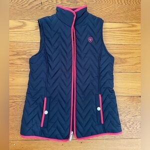 Navy blue chevron quilt vest with raspberry piping and snap pockets
